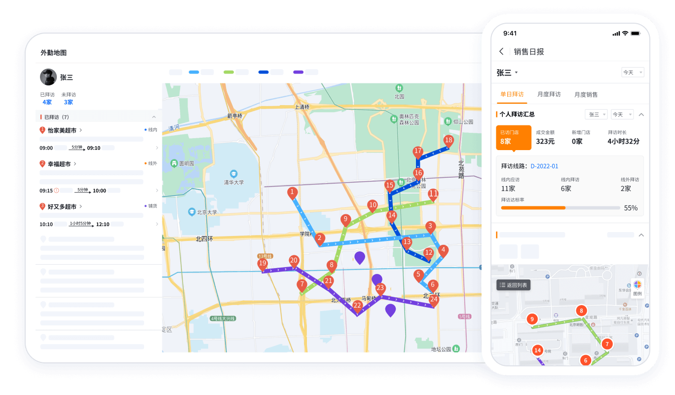 SFA系统外勤地图轨迹监控界面截图